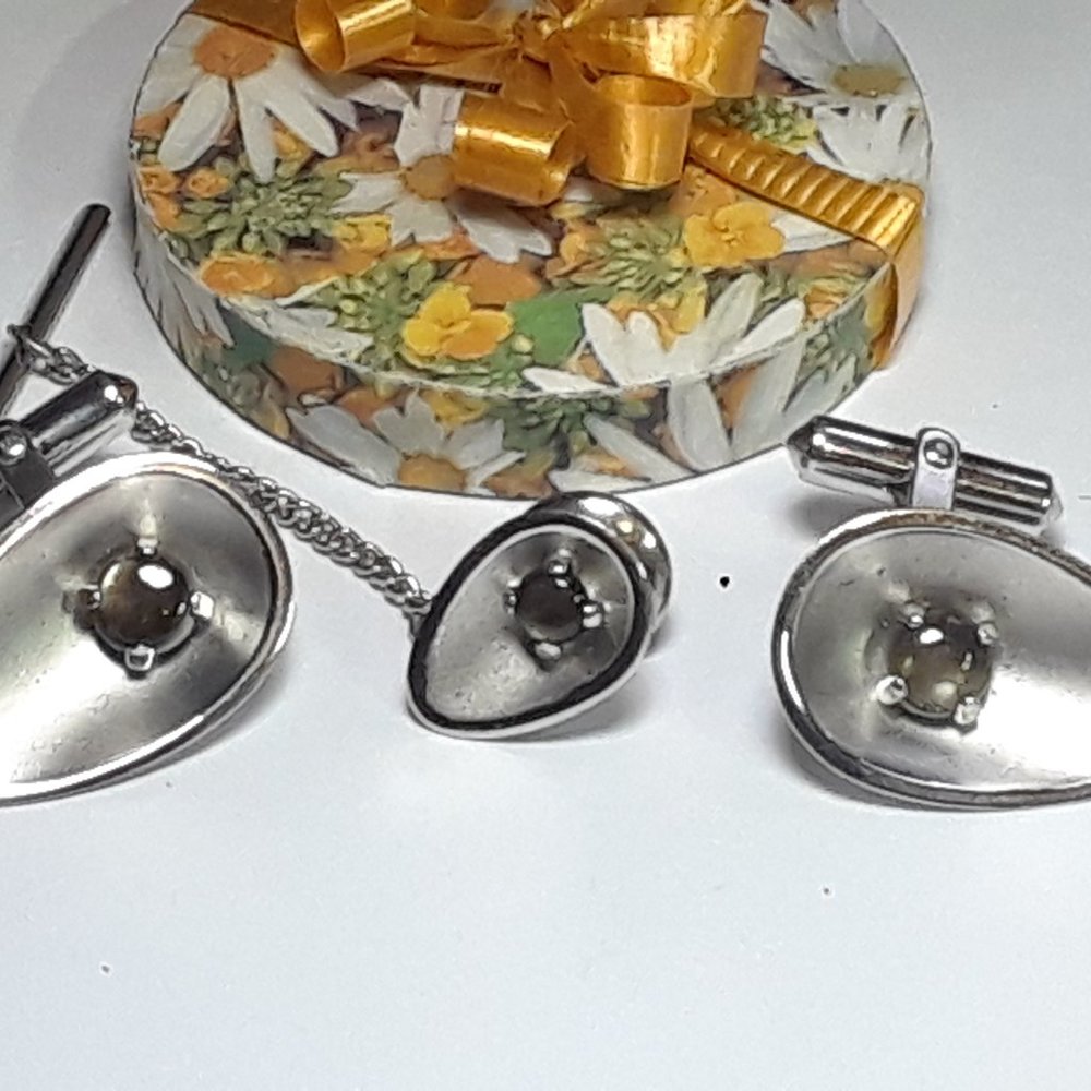 Vintage Black Star Sapphire Gents Sterling Silver Cufflinks & Tie Tack Set#18234
